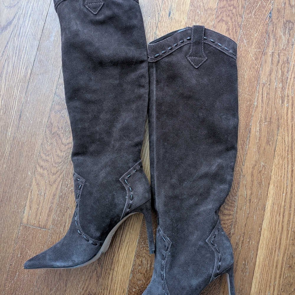 SCHUTZ Women's Dark Brown Suede Stiletto Knee high Western-style Boots NIB Sz 7